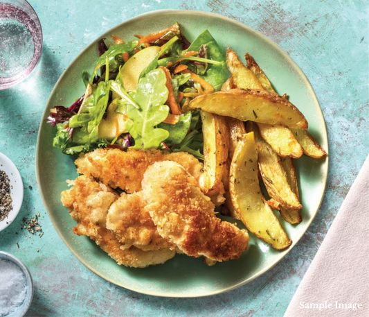 Garlic Parmesan Crumbed Chicken with Roast Potatoes & Greens
