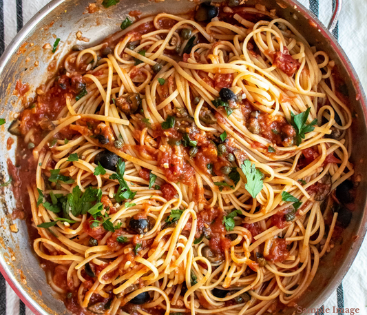 Chicken Puttanesca with Spaghetti